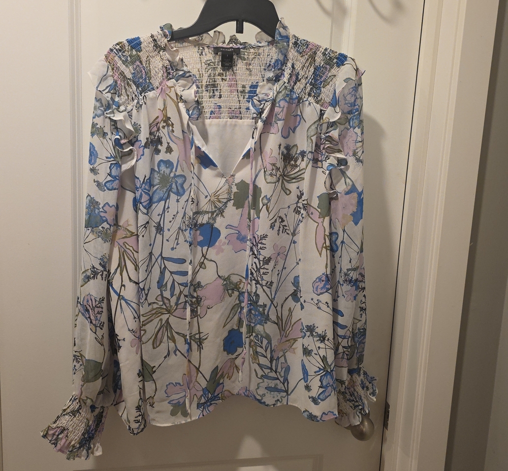 Halogen Floral Smocked-Neck Blouse in White, Blue, Pink